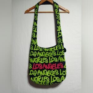 Robin Ruth Los Angeles Canvas Crossbody Bag Sling Tote Black Green And Pink